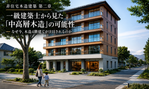 1階RC造と上部4層木造による木造4階建ての中高層木造建築