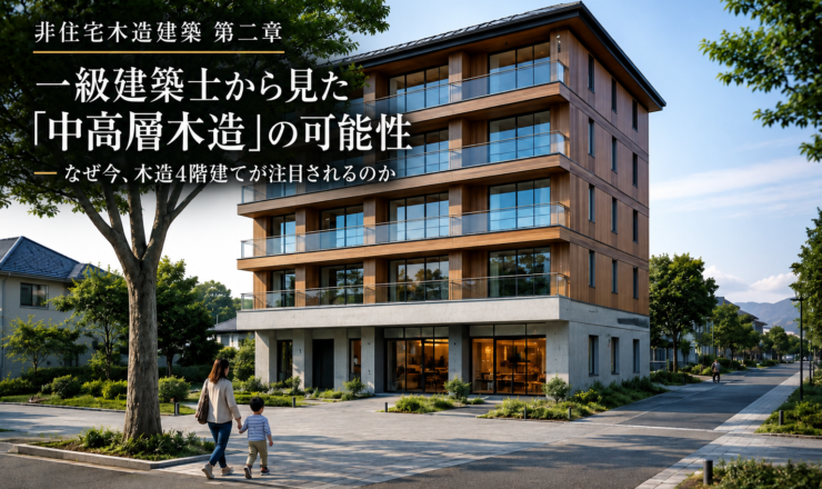 1階RC造と上部4層木造による木造4階建ての中高層木造建築